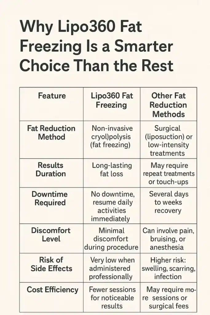Table showing benefits of fat freezing to remove fat cells Wokingham 	 from Lipo 360