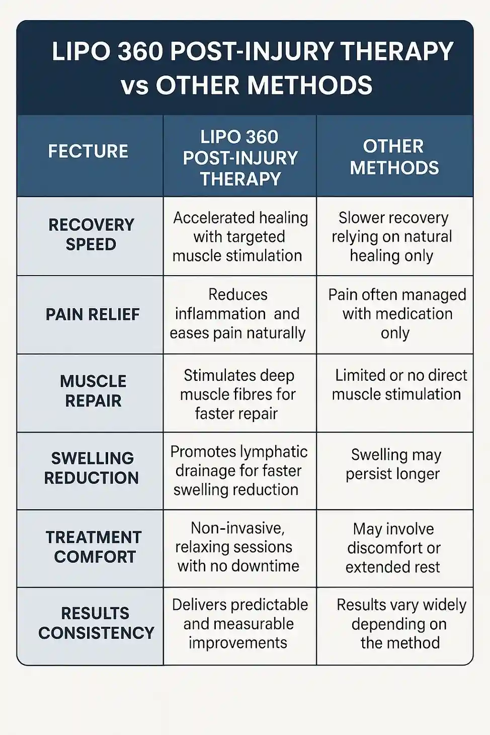Comparison of Lipo 360 Wokingham 	 Post-Injury Therapy vs Other Methods